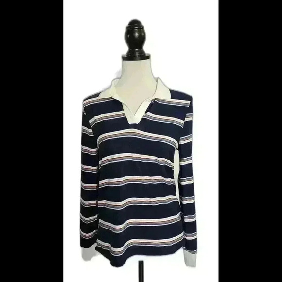 Stylish Navy Striped Long Sleeve Polo Shirt - Picture 1 of 3